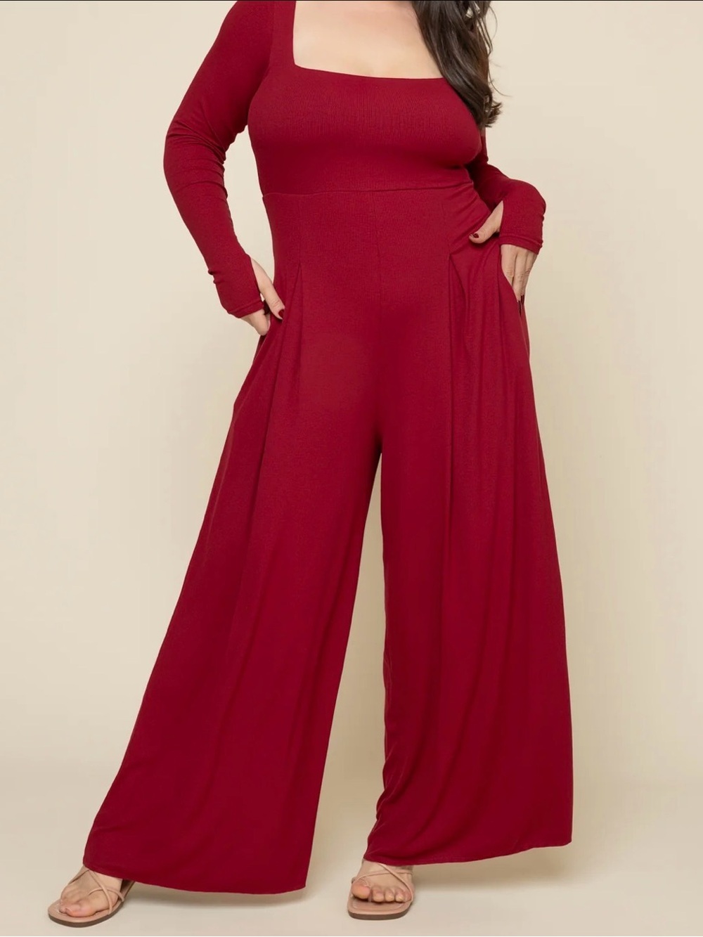 Go With The Flow Long Sleeve Jumpsuit - Deep Cherry